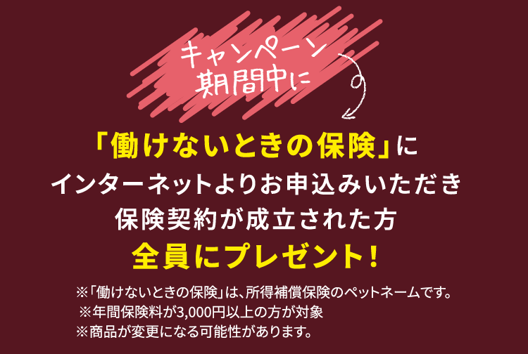 キャンペーン期間中に「働けないときの保険」にインターネットよりお申込みいただき保険契約が成立された方全員にプレゼント!